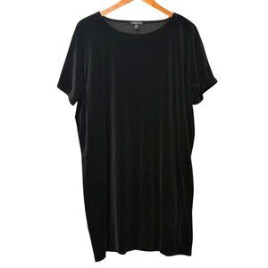 Eileen Fisher System Black Velvet Shift Dress Short Sleeve Knee Length Size PL